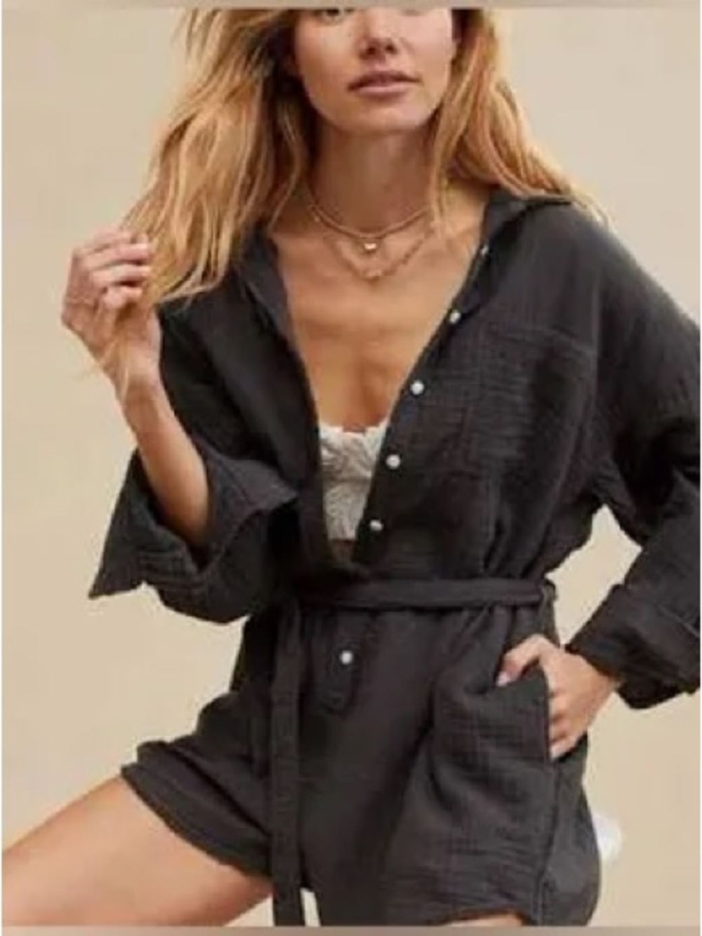aerie Charcoal Button-Down Casual Shirt Romper